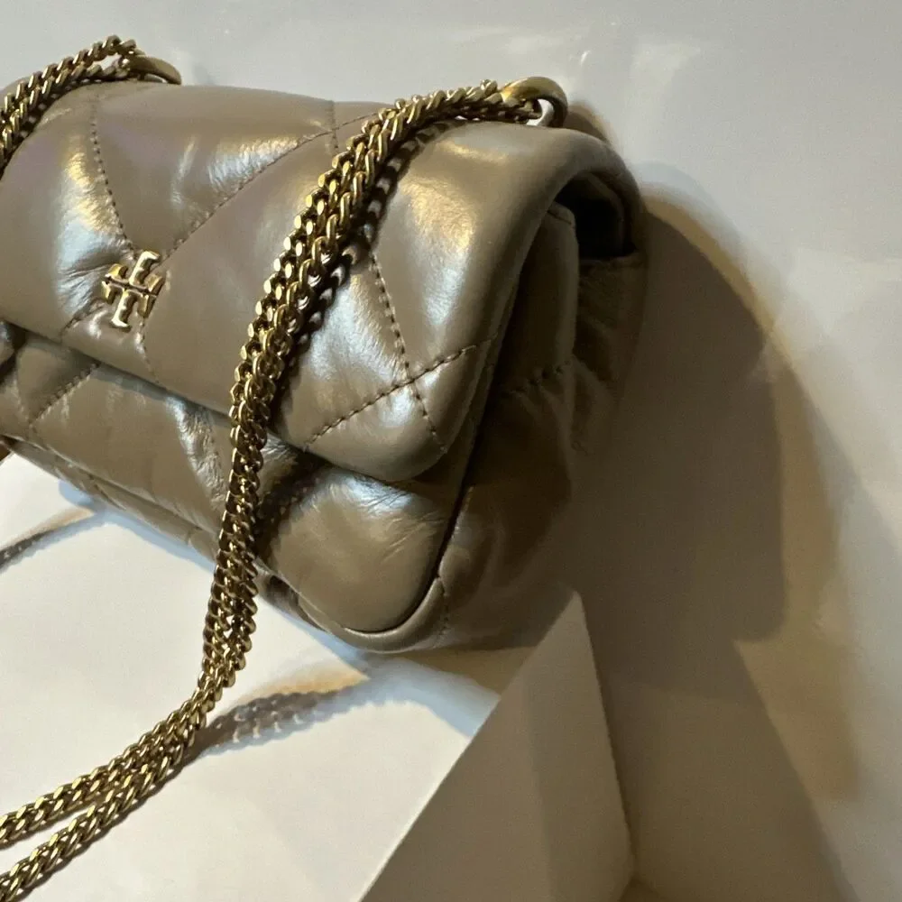 Tory Burch Small Kira Diamond Quilted Convertible Leather Shoulder Bag Taupe Oak